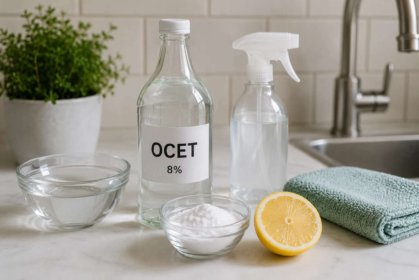 Láhev octa, citron a jedlá soda připravené na odstranění vodního kamene