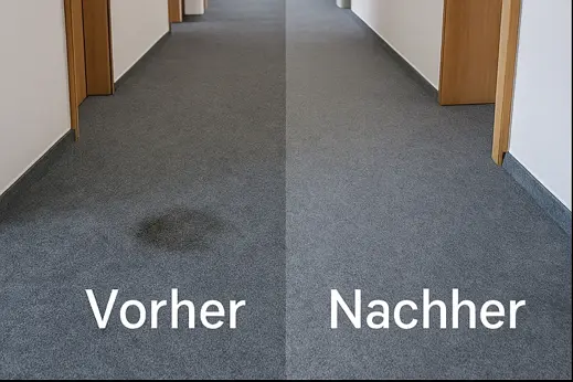 Office carpet before and after cleaning in Berlin, visible spots and traffic marks reduced.