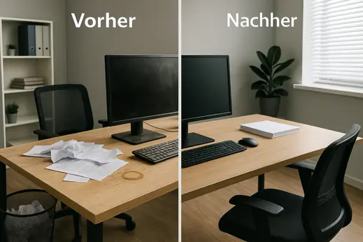 Before and after office cleaning in Berlin showing a visibly cleaner workspace.