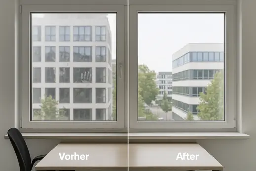 Office window before and after cleaning in Berlin, streaks and fingerprints removed.