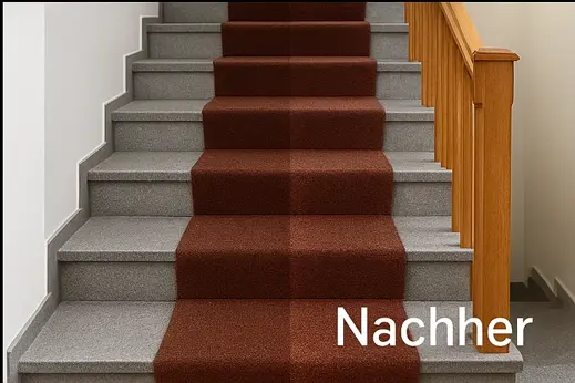 Staircase runner carpet before and after cleaning in Berlin, mud and tracked-in dirt removed.
