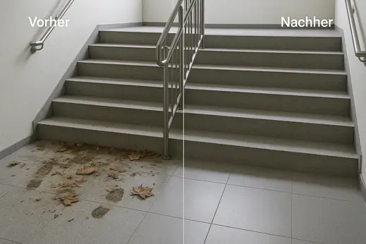 Stairwell floor before and after cleaning in Berlin, footprints and dirt removed for a streak-free finish.