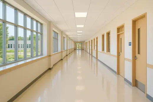 Long corridor floor in Berlin cleaned and maintained, visibly bright and well cared for.